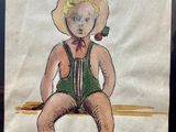 a drawing of a little boy sitting on a bench