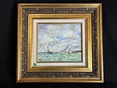une peinture représentant un voilier en mer, avec le ciel en arrière-plan