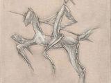 dessin représentant trois chevaux courant en file indienne sur un fond beige