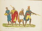 un vieux livre sur lequel figure le dessin d'un groupe d'hommes vêtus de tenues différentes