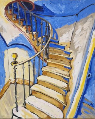 tableau représentant un escalier en colimaçon dans une pièce bleue