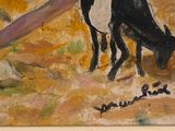 a painting of a black and white cow eating grass
