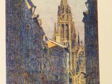 painting of a street with buildings and a church steeple in the background