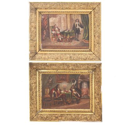 paire de peintures à l'huile du XIXe siècle représentant un homme et une femme jouant aux cartes