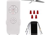 une télécommande, un téléphone portable et un ventilateur sur fond blanc