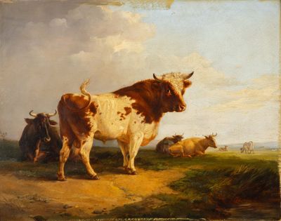 un tableau représentant une vache brune et blanche debout dans un champ