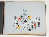 an open book with a drawing of a group of people on it