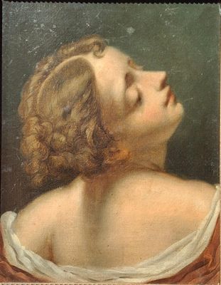 an old painting of a woman with her eyes closed and her eyes closed
