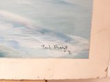 a painting of a surfer riding a wave in the ocean