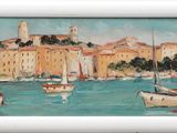 a painting of boats in a harbor with buildings in the background