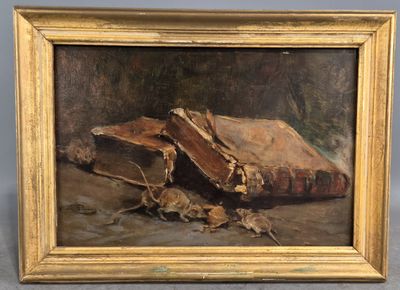 une peinture à l'huile représentant un livre posé sur une table, à côté d'un tas de feuilles mortes