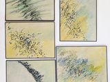 four paintings on a white wall with a black cat sitting in front of them