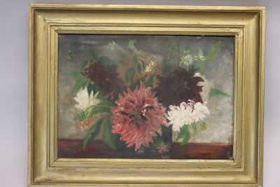 a painting of flowers in a vase on a table