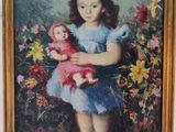 painting of a little girl holding a pink doll in a garden
