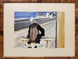 tableau représentant une femme assise sur un banc, regardant par la fenêtre