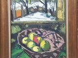 une peinture à l'huile représentant des pommes dans un panier posé sur une table