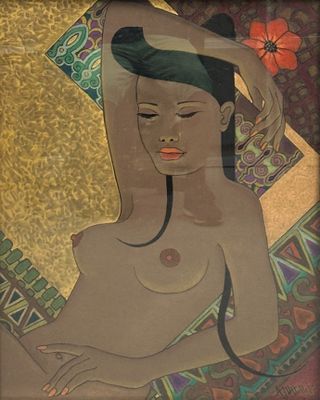 tableau représentant une femme avec une fleur rouge dans les cheveux