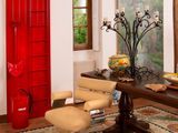 a living room with a red door and a rug on the floor