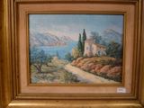une image d'une peinture d'une maison au bord de l'eau