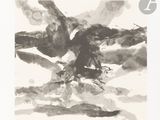 a black and white painting of a bird flying in the sky