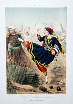 une vieille gravure représentant une femme en robe bleue et un homme au chapeau rouge