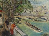 une peinture d'un bateau sur l'eau près d'un pont