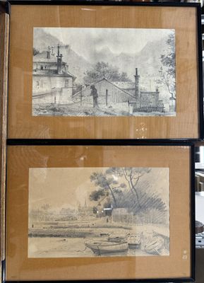 two framed pictures of a house and a boat in the water