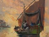 tableau représentant un bateau sur l'eau avec des personnes à bord