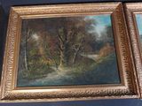 two framed paintings of a wooded scene with a man on a horse