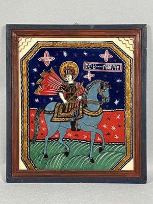 tableau représentant une femme à cheval, tenant un parapluie rouge
