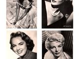 four black and white photos of a woman in different poses