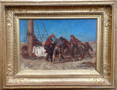 tableau représentant un groupe d'hommes sur une plage, avec un bateau en arrière-plan