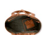 brown leather tote bag on white background with brown interior