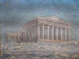 painting of a painting of a building with columns in the middle of it