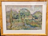peinture d'un paysage avec des arbres et une rivière au premier plan