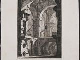 an old drawing of a building with a clock on the wall
