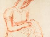 drawing of a woman sitting on a stool with her legs crossed