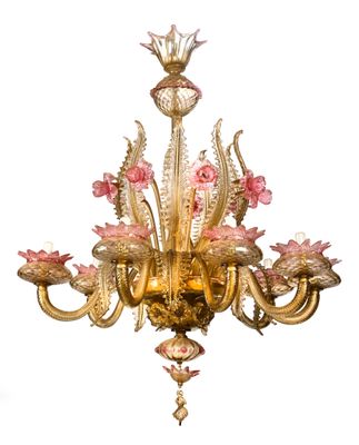an image of a chandelier with pink flowers hanging from it ' s ceiling