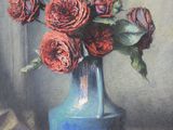 a painting of roses in a blue vase on a table
