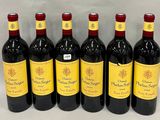 six bottles of red wine lined up in a row on a table