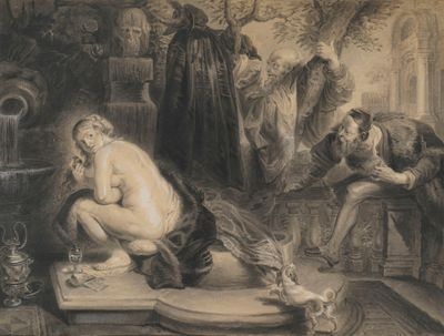 un dessin représentant un homme assis sur une table à côté d'une femme