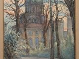 an oil painting of a building in a park surrounded by trees