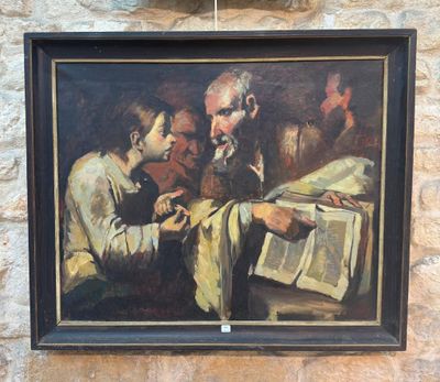 un tableau représentant deux hommes assis à une table en train de lire un livre