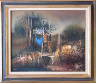 an oil painting of a cabin in the woods with a blue door