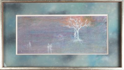 tableau représentant un arbre et deux personnes dans un champ, avec le ciel en arrière-plan