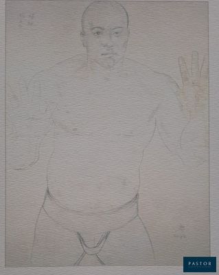 drawing of a man with a raised hand in front of a white background