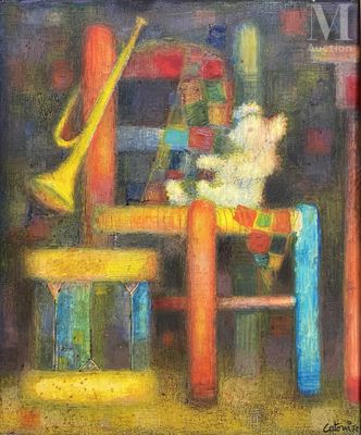 une peinture à l'huile représentant un tableau sur lequel figurent une chaise et une table, ainsi qu'une trompette