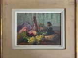 tableau représentant une nature morte composée de fleurs et de fruits, dans un cadre doré