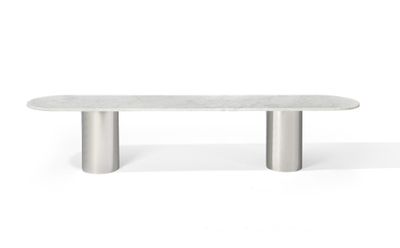 a white marble table with two metal legs on a white background