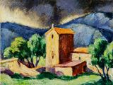 une peinture à l'huile représentant une maison dans un champ, avec des montagnes en arrière-plan